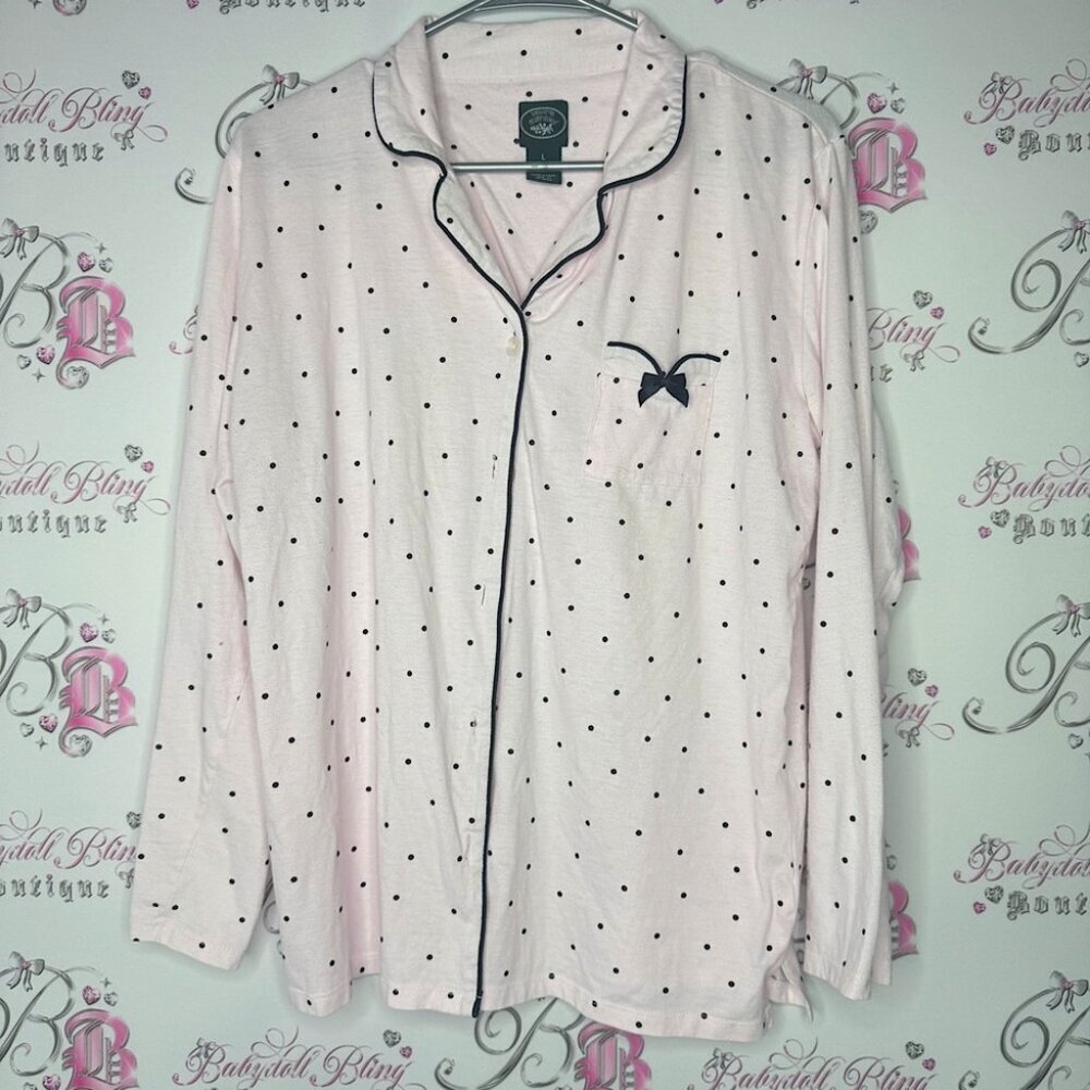 Laura Ashley button down top PJ polka dot pink black pocket ribbon 🎀 bow soft